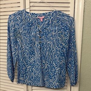 Lilly Pulitzer Blue Graphic 3/4 Sleeve Blouse